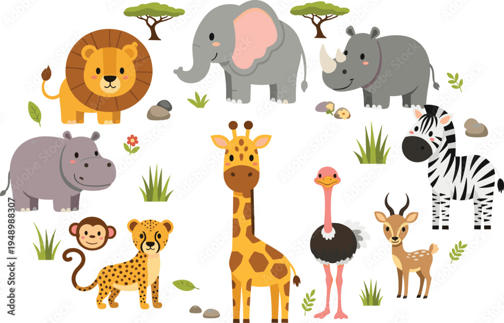 Obraz premium Cute African Safari Animals Collection with Lion, Elephant, Rhino, Zebra, Giraffe, Hippo, Monkey, Cheetah, Ostrich and Antelope Cartoon Vector Illustration Set.