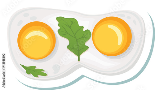 Fried Eggs with Green Leaf Garnish on Plate, Minimal Flat Breakfast Food Illustration
