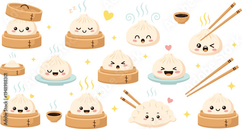 Cute kawaii dumpling characters vector set with happy dim sum mascots bamboo steamer chopsticks soy sauce cartoon Asian food illustration collection isolated background