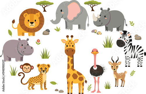 Cute African Safari Animals Collection with Lion, Elephant, Rhino, Zebra, Giraffe, Hippo, Monkey, Cheetah, Ostrich and Antelope Cartoon Vector Illustration Set.