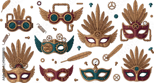 Steampunk Carnival Mask Set with Gears Feathers Goggles Vintage Vector Illustration