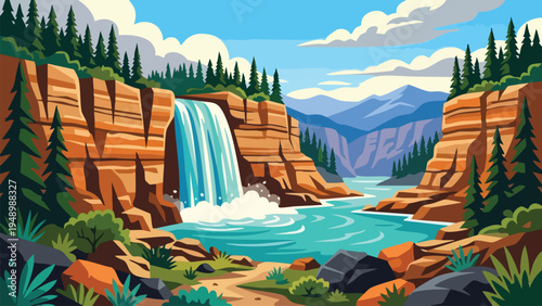 Scenic Waterfall in a Forest Landscape Illustration