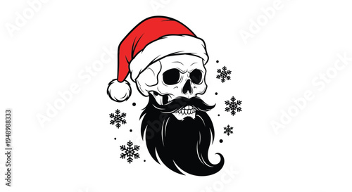 Festive skull wearing a santa hat with a beard a dark silhouette