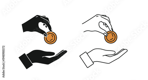 Two contrasting hand and coin illustrations black and white line art