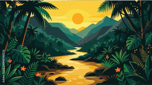 Flat Design Tropical River Valley Landscape at Sunset