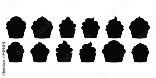 Row of Black Silhouette Cupcake Icons with Swirled Frosting on White Background cupcake silhouette cupcakes
