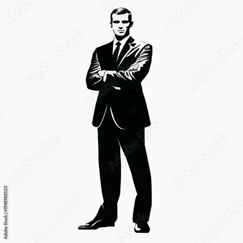 Silhouette of Confident Leader Character standing with Arms Crossed, Strong Dominant Pose, Minimalist Flat Vector