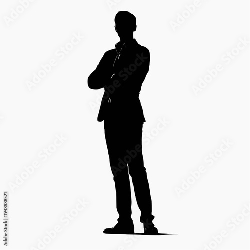 Silhouette of Confident Leader Character standing with Arms Crossed, Strong Dominant Pose, Minimalist Flat Vector