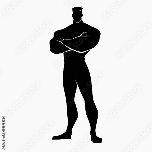 Silhouette of Confident Leader Character standing with Arms Crossed, Strong Dominant Pose, Minimalist Flat Vector