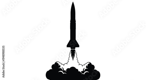A rocket launching with a fiery exhaust trail black silhouette