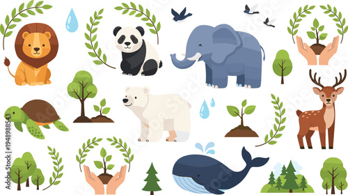 Wildlife Conservation Concept Collection with Lion, Panda, Elephant, Turtle, Polar Bear, Deer, Whale and Trees Representing Nature Protection Vector Illustration Set.