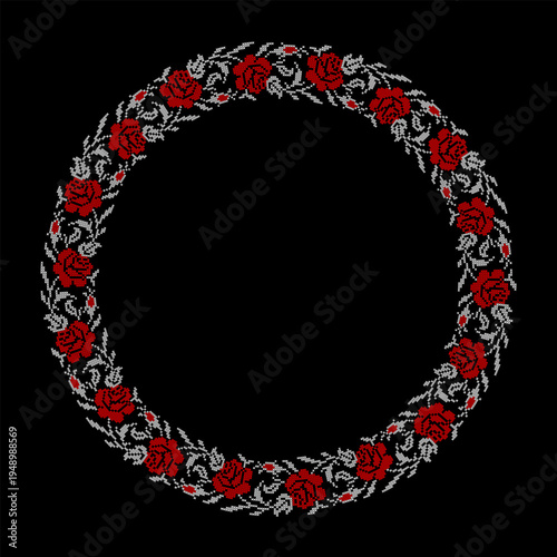 Ukrainian embroidery floral wreath vector illustration inspired by traditional vyshyvanka ornament. Decorative circular frame with red roses, branches and leaves created in cross stitch embroidery