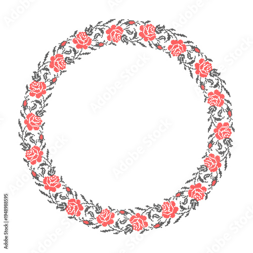Ukrainian embroidery floral wreath vector illustration inspired by traditional vyshyvanka ornament. Decorative circular frame with red roses, branches and leaves created in cross stitch embroidery
