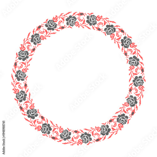 Ukrainian embroidery floral wreath vector illustration inspired by traditional vyshyvanka ornament. Decorative circular frame with red roses, branches and leaves created in cross stitch embroidery