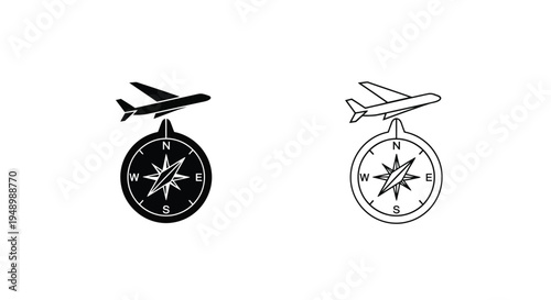 Airplane and compass icons a black and white illustrative set