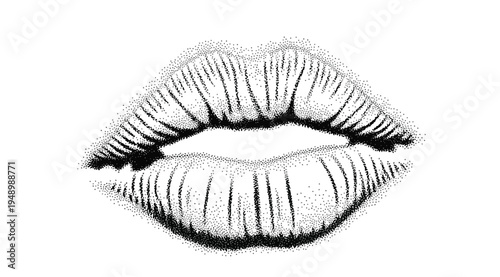 A black and white illustration of a pair of lips isolated on white background with detailed texture and shading
