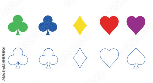 Colorful playing card suits displayed above their white outlines silhouette