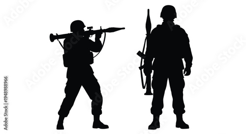 Two soldiers with weaponry poised for action a stark silhouette