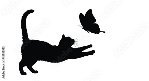 A black silhouette of a cat playfully reaching for a fluttering butterfly