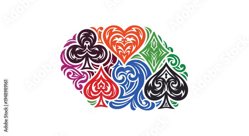 Colorful card suits forming a heart shape a striking silhouette
