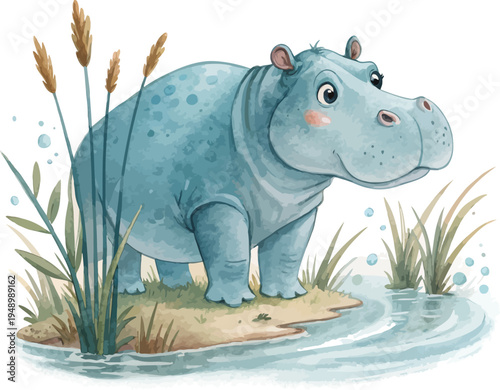 Watercolor Hippopotamus Art, River Creature Illustration, Isolated Vector Design