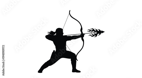Archer drawing a flaming arrow dynamic pose black silhouette