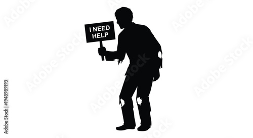 Distressed figure holding a sign pleading for help a stark silhouette