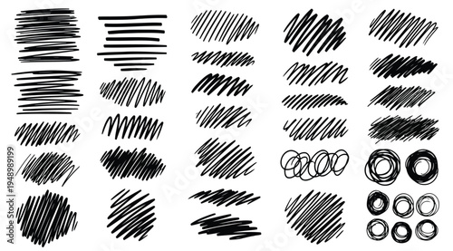 Collection of various black brush strokes and scribbles isolated on white background for artistic and design purposes