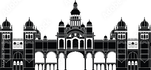 Detailed black silhouette of the majestic Mysore Palace in India showing intricate historical architecture with beautiful royal domes and grand arched entrances.