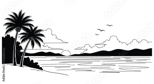 Tropical beach scene with palm trees ocean waves and a sunset sky
