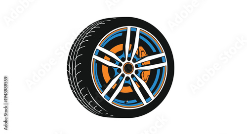 Illustration of a car tire with a colorful multi spoke wheel