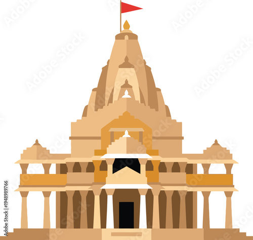 Grand traditional Indian Hindu temple architecture featuring a tall golden spire carved stone pillars and a sacred red flag waving for cultural pilgrimage tourism.