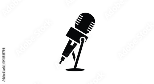 A black silhouette of a vintage microphone on a stand