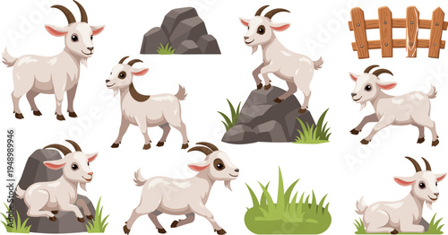 Cute Cartoon Goat Farm Animal Character Set with Rocks Grass and Fence Vector Illustration