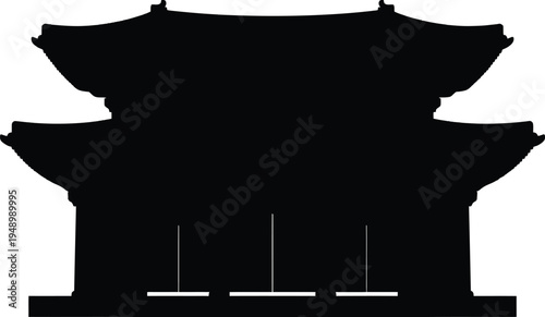 Black silhouette of a traditional Korean palace gate with a classic curved roof showing ancient historic architecture and cultural heritage of an Asian landmark.