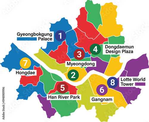 Colorful map of Seoul South Korea highlighting eight major tourist landmarks including Gyeongbokgung Palace Myeongdong Gangnam Hongdae and the Lotte World Tower.