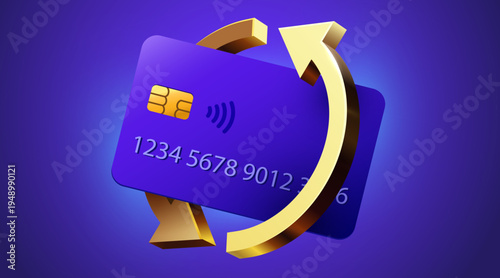 Financial transaction or cashback concept with a credit card and rotating golden arrow.