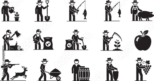 Collection of black silhouette icons depicting various farm and gardening activities on isolated white background