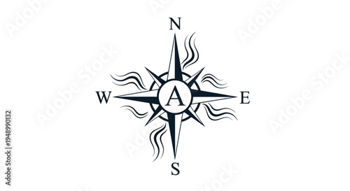 A stylized compass rose illustration with cardinal direction markings