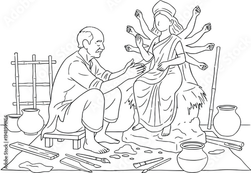 Skilled traditional Indian artisan carefully sculpting a multi armed Hindu goddess clay idol using various tools for an upcoming cultural religious festival event.