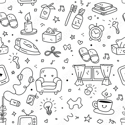 Hand Drawn Seamless Home Lifestyle Pattern with Coffee Cup, Armchair, Curtains, Toothbrush and Household Objects