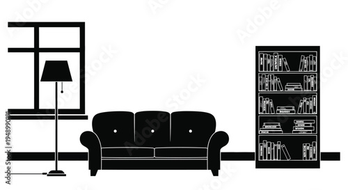 Minimalist black and white illustration of a living room interior scene
