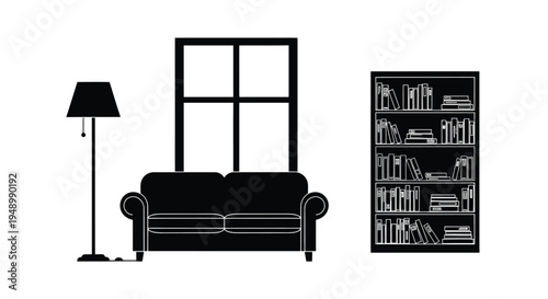 Minimalist room interior with sofa bookshelf window and floor lamp