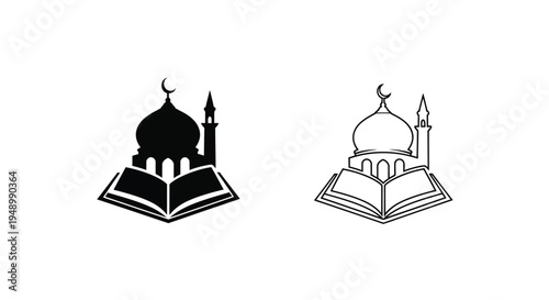 Islamic mosque and open book icon set in black and white