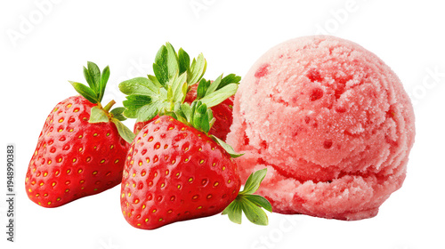 A scoop of strawberry ice cream with fresh strawberries on transparent background