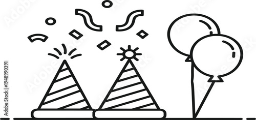 Birthday Party Celebration Line Icon Illustration with Festive Hats Balloons Confetti and Decorations Outline Vector for Holiday Event and Anniversary Design