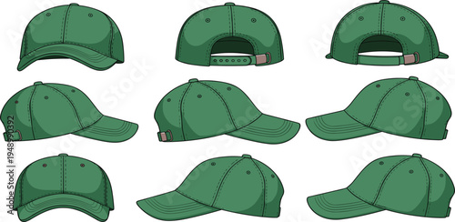Baseball Cap Mockup Set with Front, Side and Back Views of Green Adjustable Hat for Fashion Branding, Merchandise Design and Apparel Template