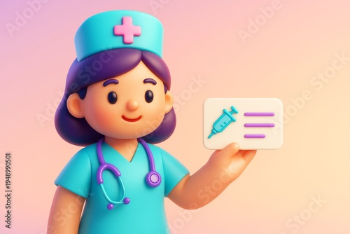 Cute cartoon nurse character holding medical vaccination card with syringe icon on soft pastel background, ideal for healthcare banner concept. Ai generative