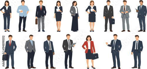 Business People Character Set with Professional Men and Women in Corporate Attire Standing with Documents Briefcases and Digital Devices Flat Vector Collection