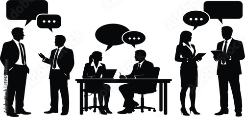 Business People Communication Silhouette Set with Office Meeting, Discussion, Team Conversation, Corporate Collaboration, Speech Bubbles for Workplace, Presentation, and Professional Vector Design